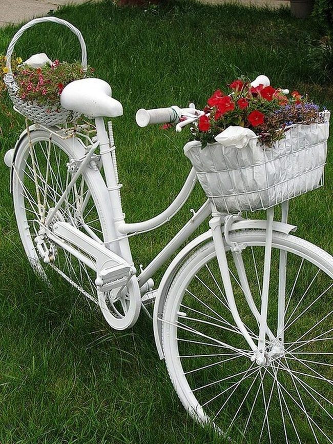 White Bike Overflowing Blooming Flowers