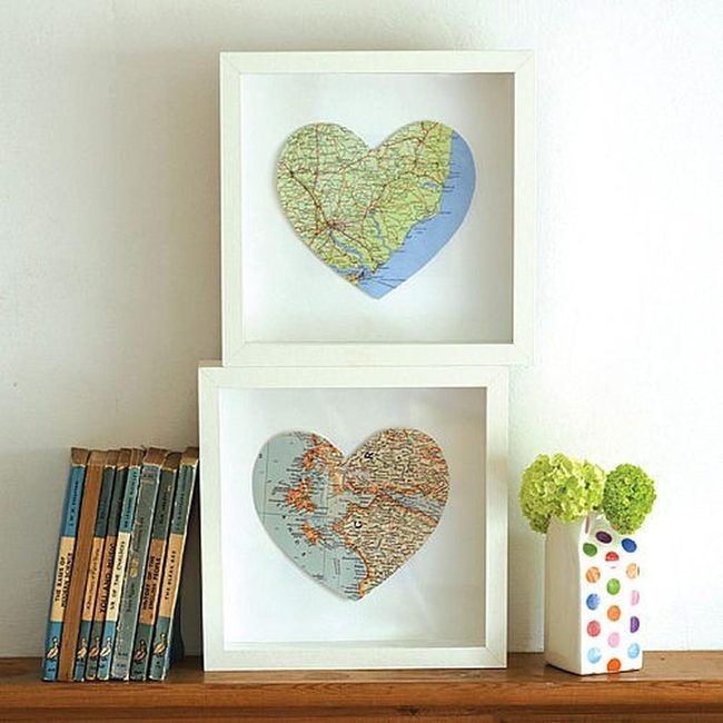 Framed Heart Maps With Green Botanical Accents