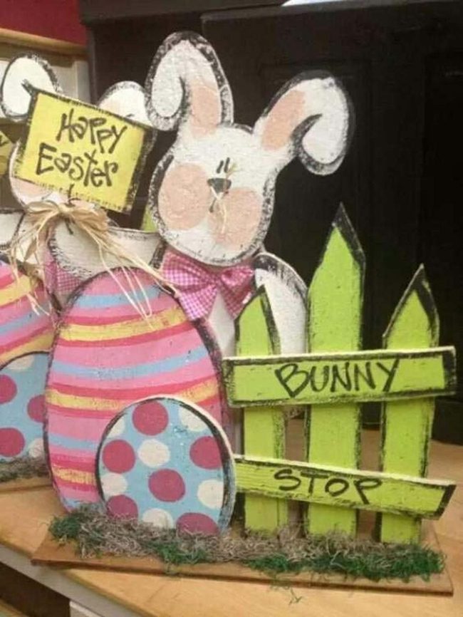 Painted Wooden Bunny Fence Sign