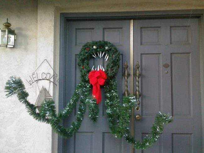 Green Monster Wreath Red Ribbon