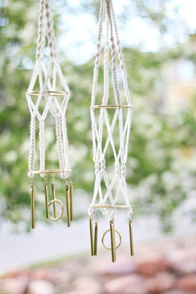 White Macrame Gold Geometric Chimes