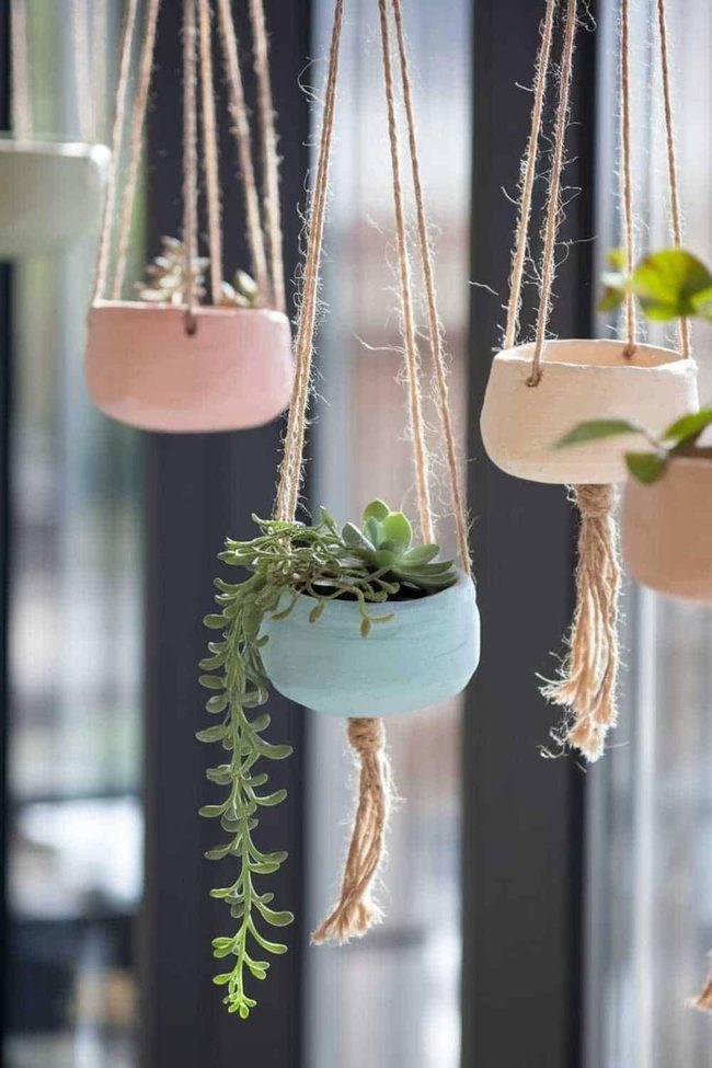 Pastel Clay Succulents In Hanging Pots