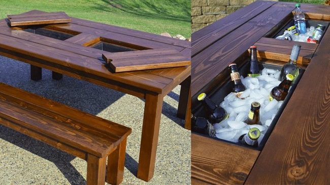 Dark Wood Picnic Table With Built-In Cooler