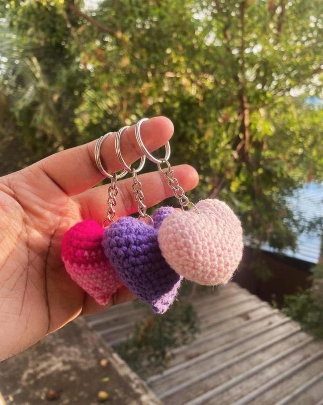 Tiny Crocheted Hearts In Pink Purple Rose