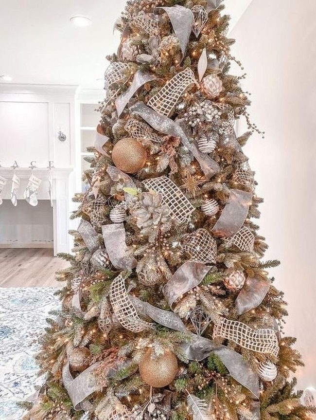 Metallic Ornaments Shimmer On Evergreen
