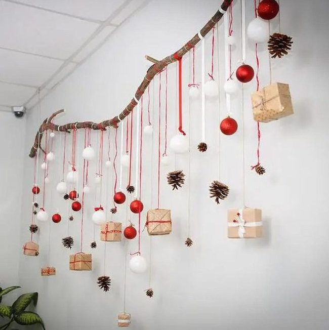 Hanging Red Ornaments Among Branches