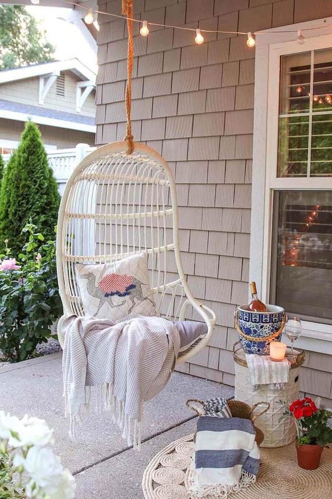 Red Flowers, Wicker Hammock, Porch Escape