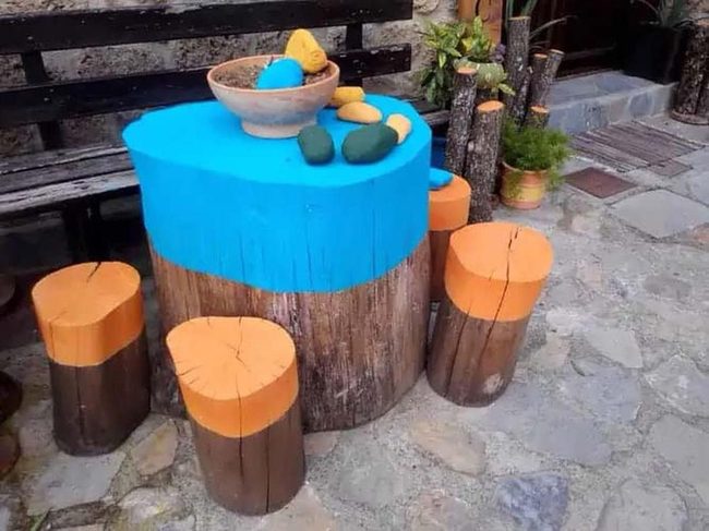 Painted Wood Stumps Outdoor Seating