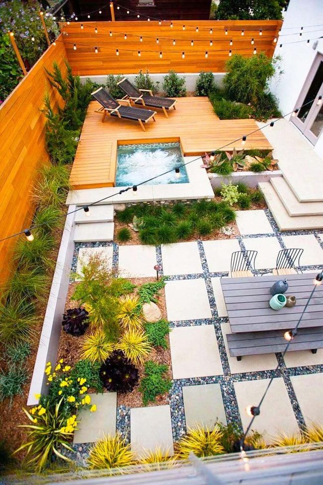 Hot Tub Backyard With String Lights