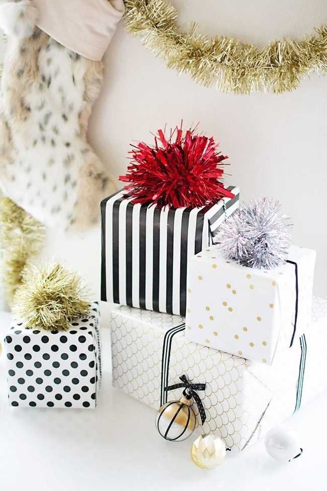 Stacked Gifts, Shimmering Ornaments, Red Gold