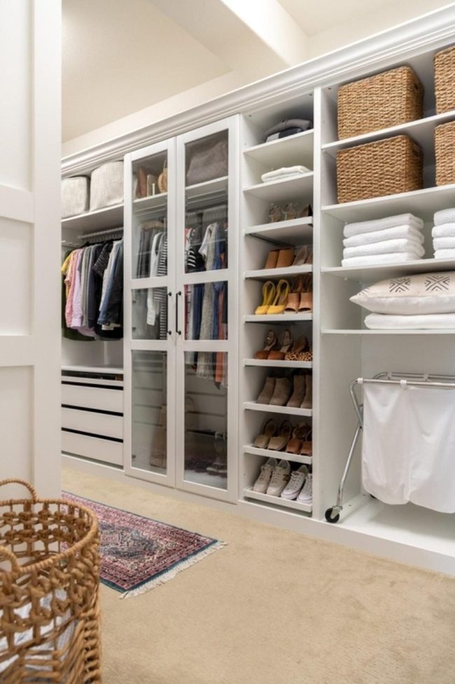 White Shelves Glass Doors Woven Baskets