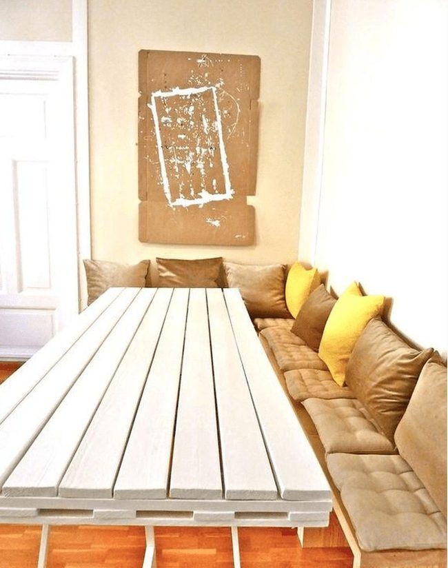 White Wood Table, Yellow Pillows