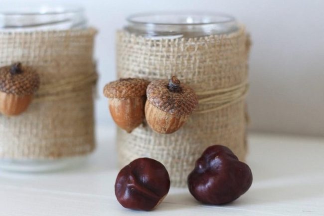 Glossy Chestnuts With Burlap Jars