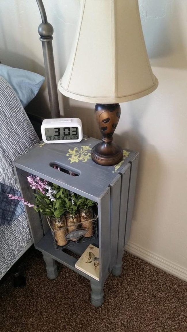Gray Painted Bedside With Floral Glass Jars
