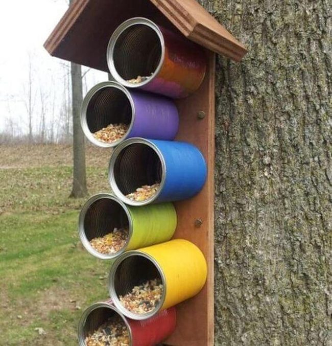 Colorful Tin Feeders Attract Birds