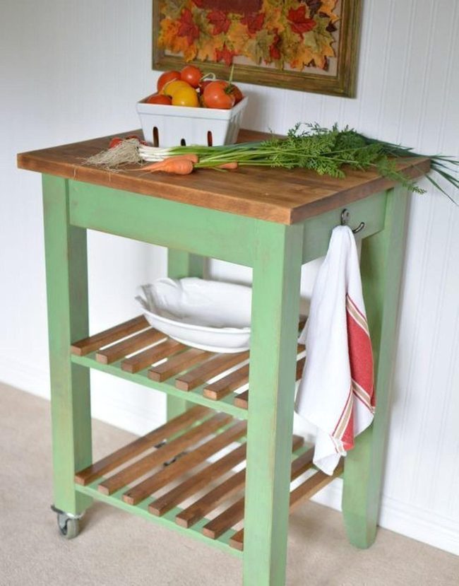 Green Base Wooden Top Kitchen Cart