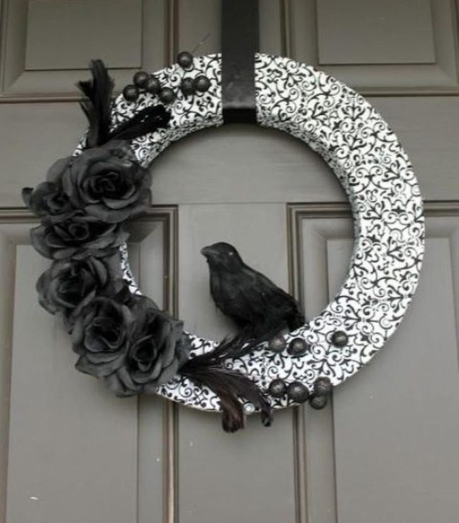 Black Roses Dark Feathers Wreath