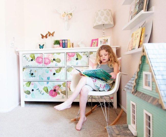 Pink Floral Girl'S Room With Storybook Corner