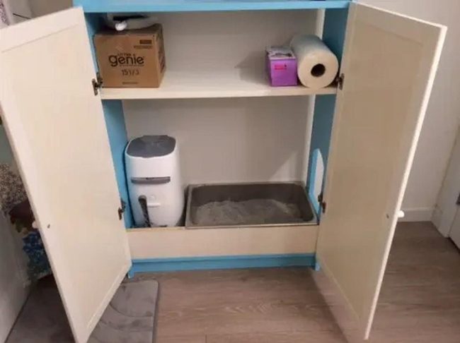 Blue-Trimmed White Cabinet With Hidden Cat Box
