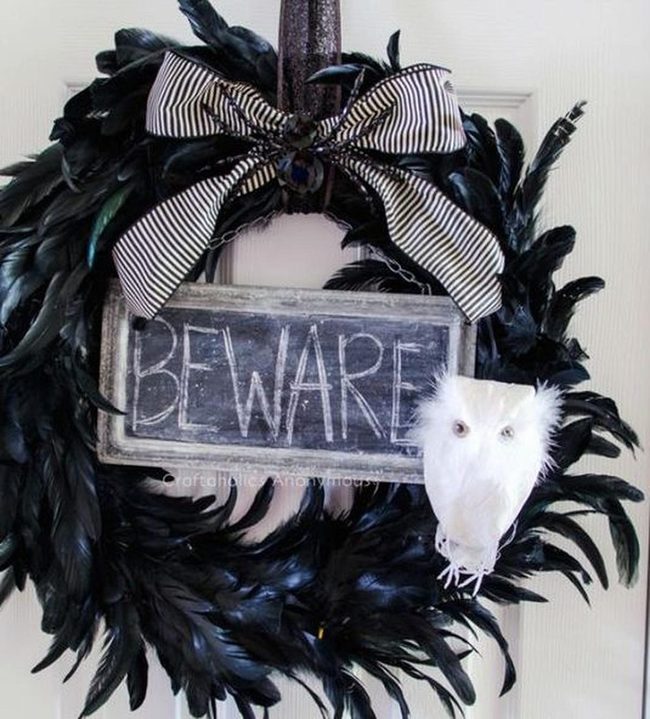 Black Feather Wreath With Warning