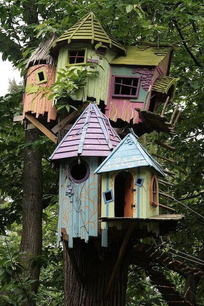 Pink And Blue Treehouse With Weathered Logs