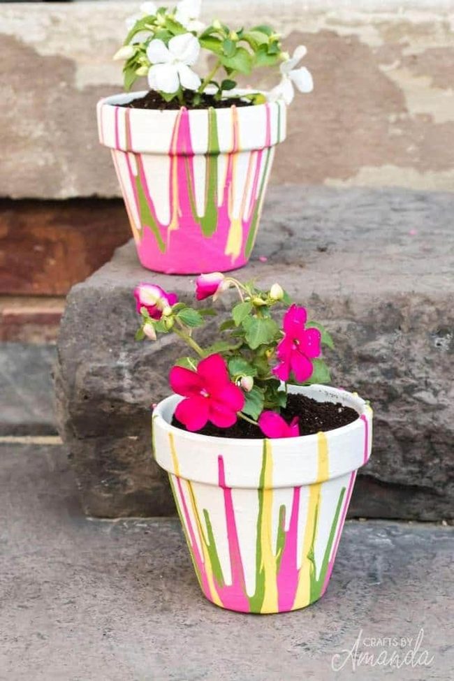 Neon Paint Drips On Terracotta Pots