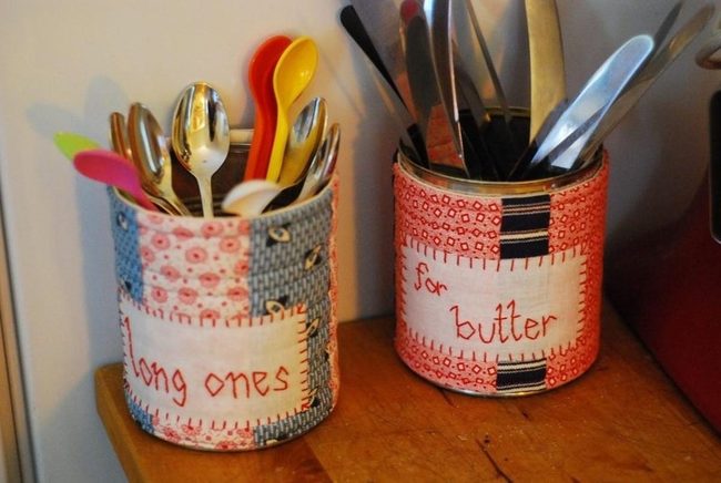 Patchwork Fabric Utensil Holders With Metallic Spoons