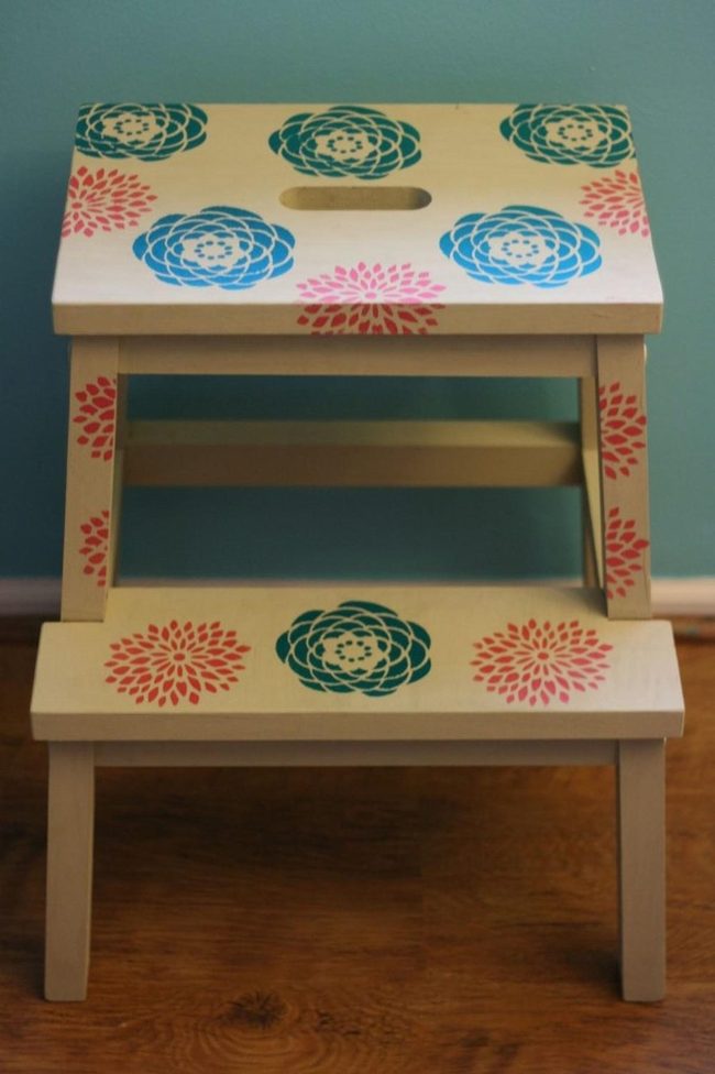 Painted Flowers On Beige Wood Stool