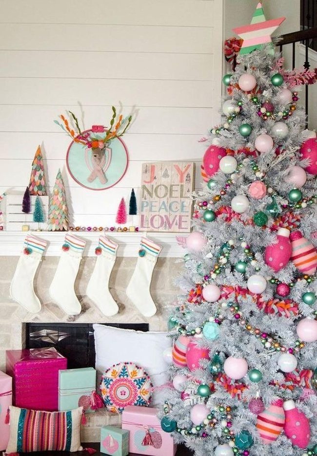White Tree Pink Green Ornaments