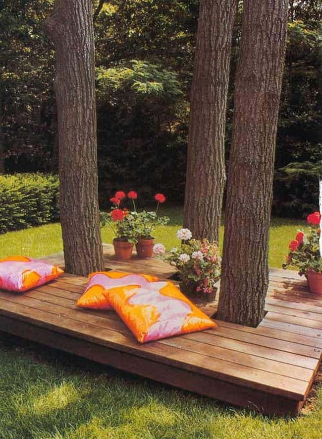 Shaded Deck Among Blooming Trees