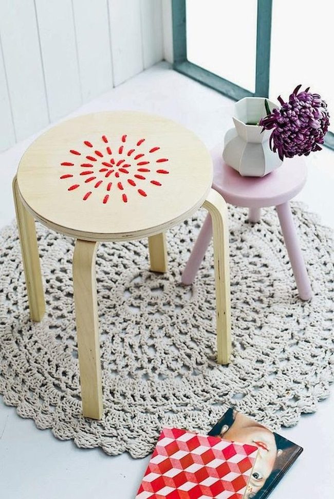 Carved Wood Stools With Red Accents