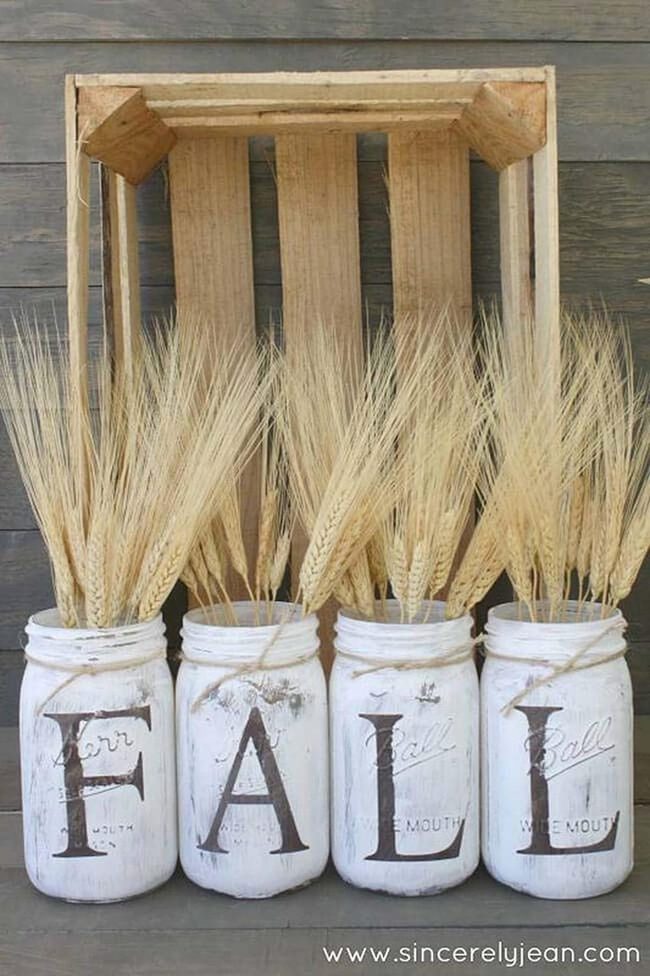 White Frosted Jars With Autumn Flowers