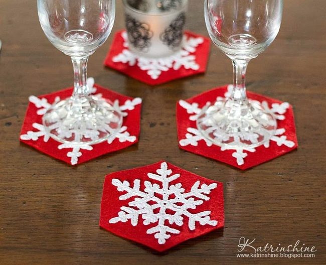 Red Snowflake Coasters, Wooden Warmth