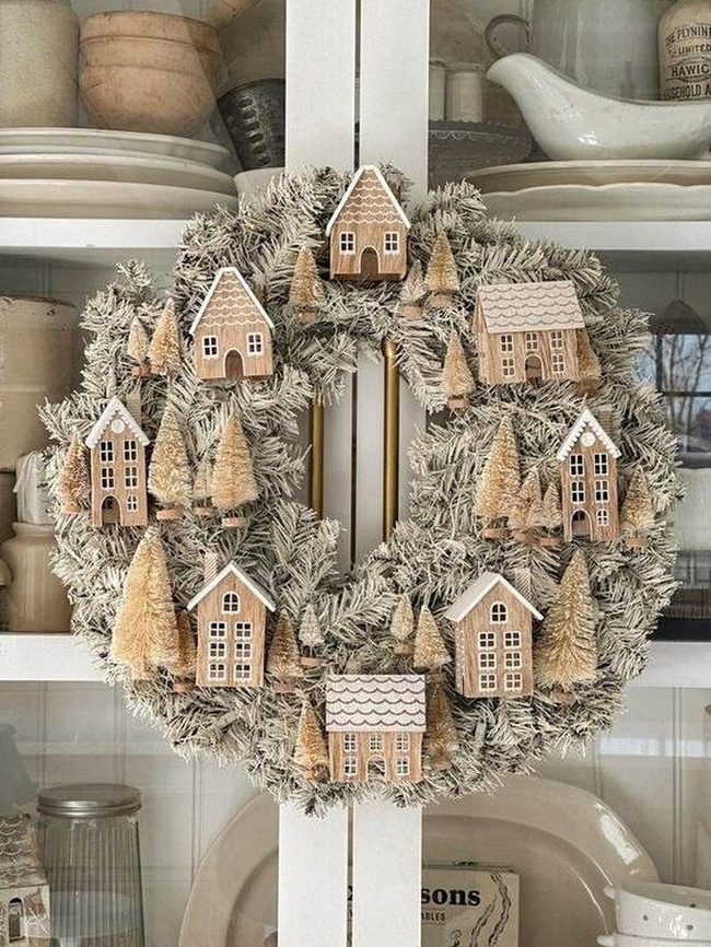 Frosted Village Houses With Bottle Brush Trees