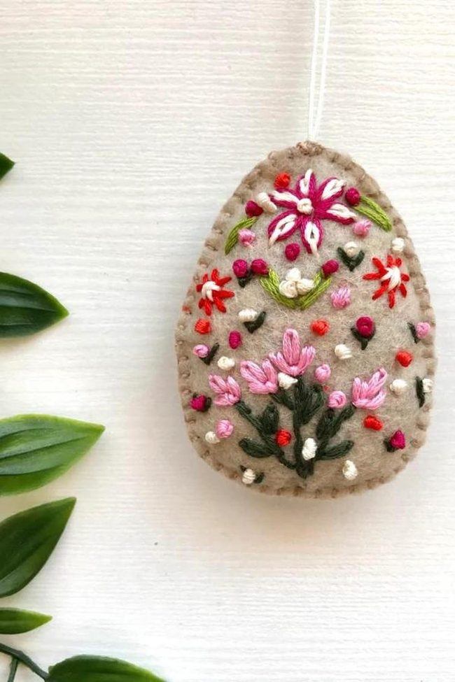 Pink Embroidered Egg With Floral Stitches