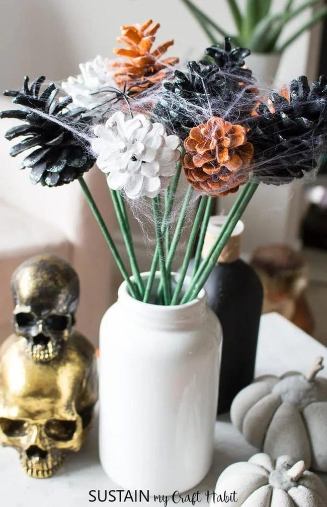 Black and Orange Pinecone Centerpiece