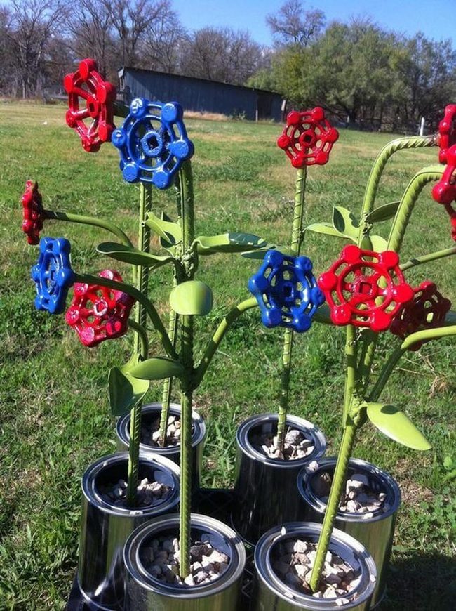 Red And Blue Metal Garden Flowers