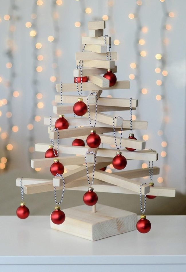 Light Wood Tree With Red Baubles