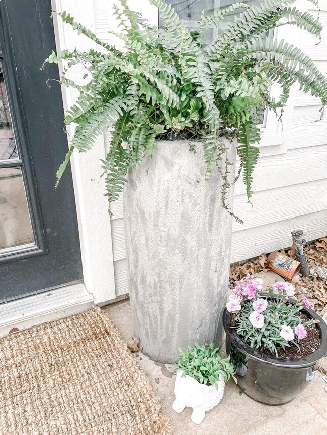 Gray Planter Lush Ferns Pink Flowers