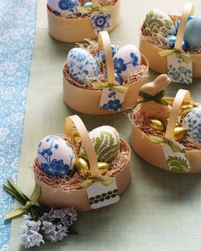 Golden Eggs In Blue Floral Baskets