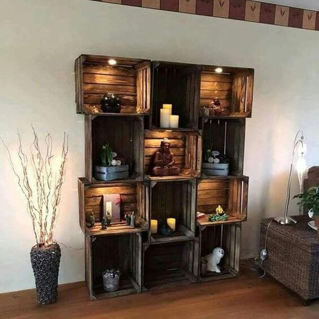 Natural Wood Crate Shelving With Warm Light