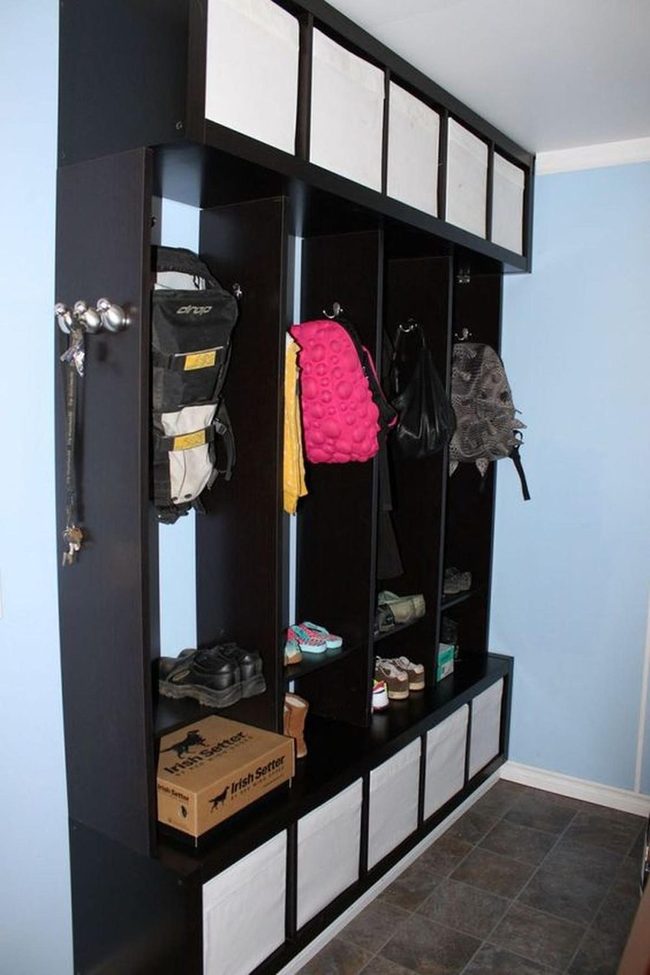 Dark Wood Entryway Storage System