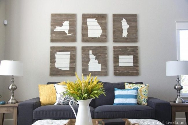 Wooden State Maps Above Gray Sofa