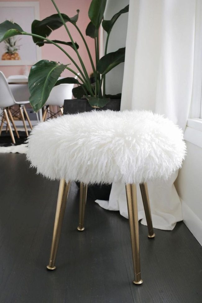White Fuzzy Stools, Gold Legs