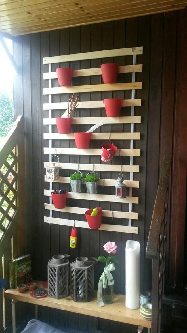 Red Pots On Wooden Shelves