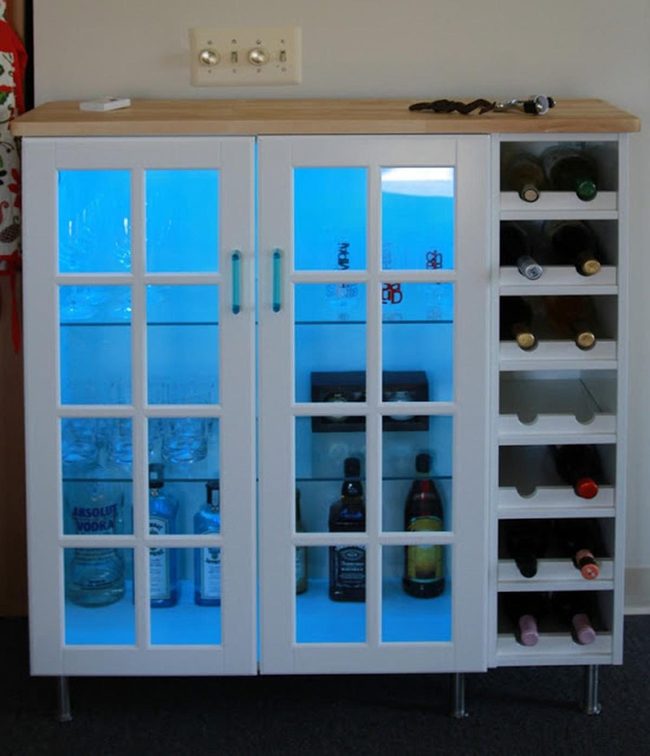 Blue-Lit Glass Bottle Display
