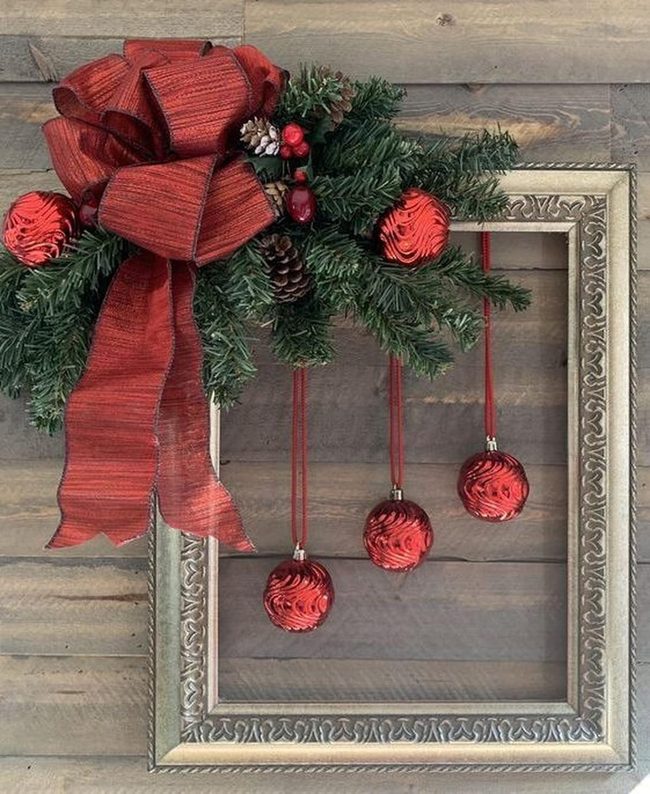 Red Ornaments On Evergreen Branches