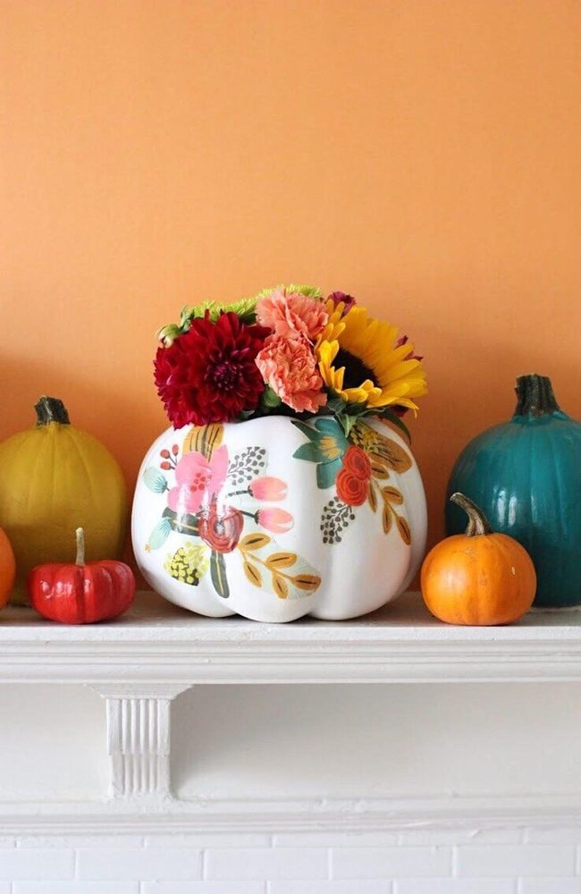 Painted Flowers In Hollowed Pumpkin