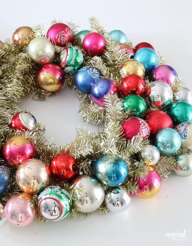 Gold Tinsel Wreath With Colorful Ornaments