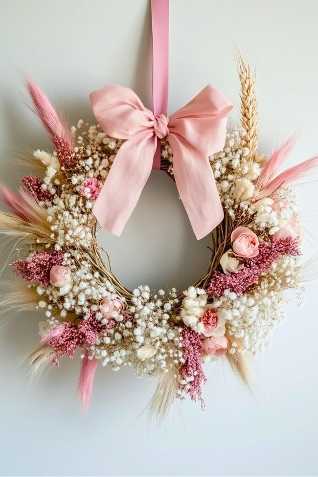 Diffused Magnolia Wreath Pink Bow